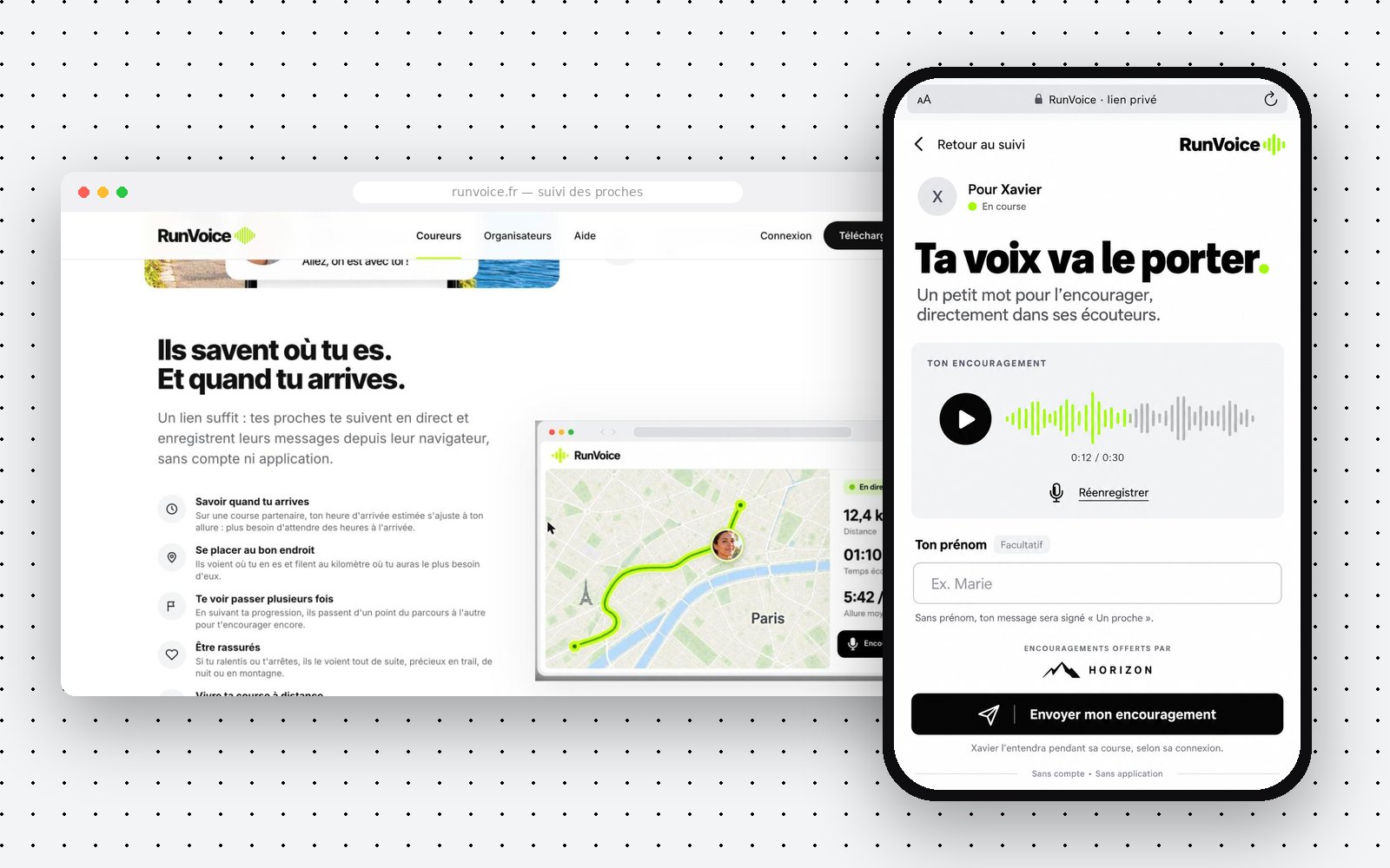 RunVoice — Page des proches, sans compte
