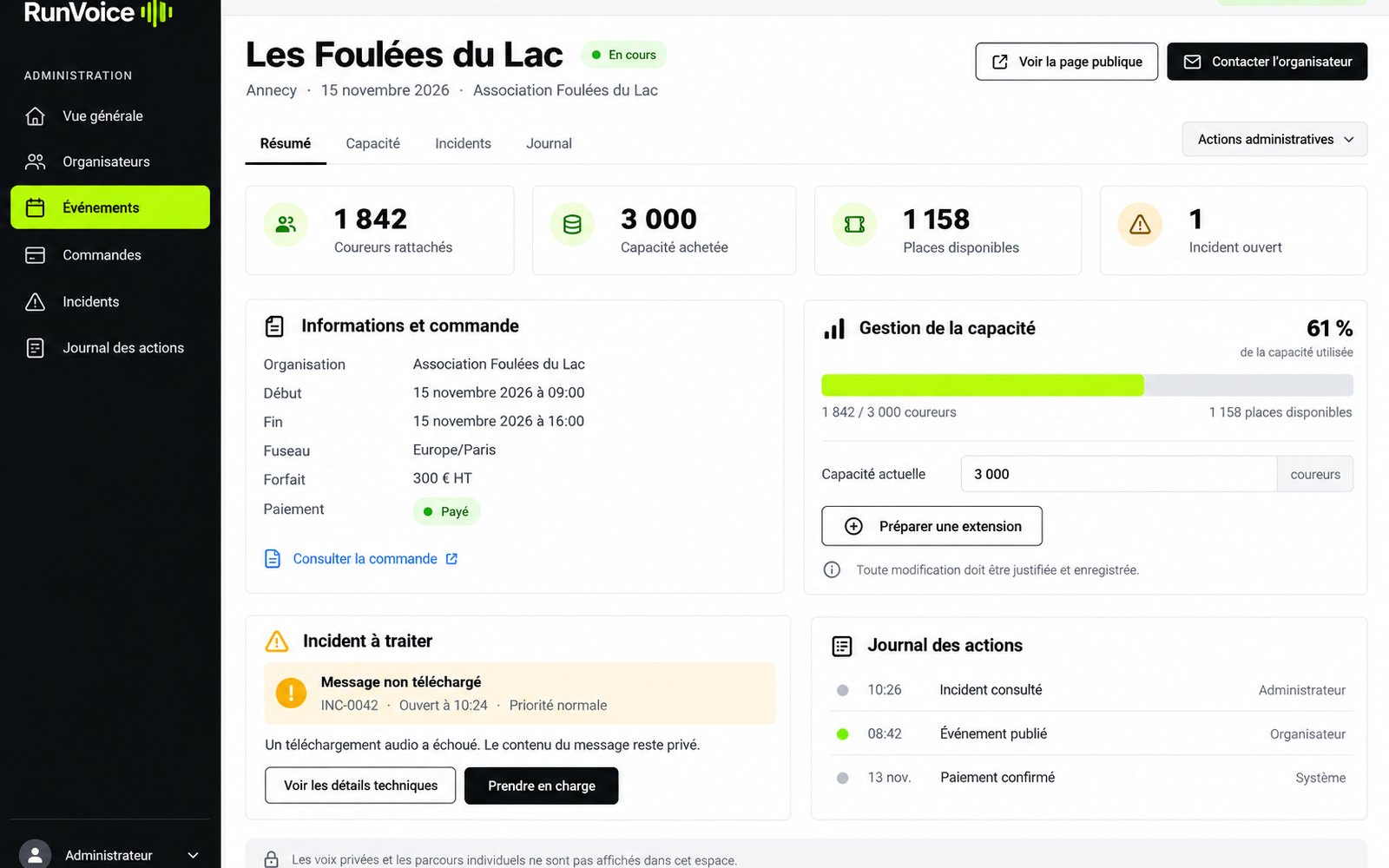 RunVoice — Paiement & capacité